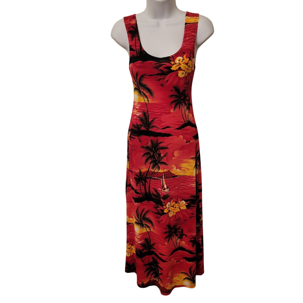 Vintage L Hawaiian Sunset Tropical‎ Maxi Dress Red Pink Sleeveless Beach Summer